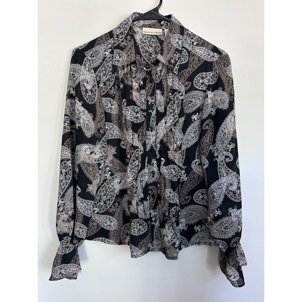Vintage 90s Apostrophe‎ Paisley Sheer Blouse Neutrals Ruffled Grunge Size 8